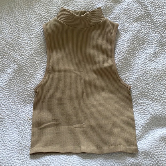 Zara High Neck Tan Ribbed Cotton Tank M/L - Picture 1 of 4